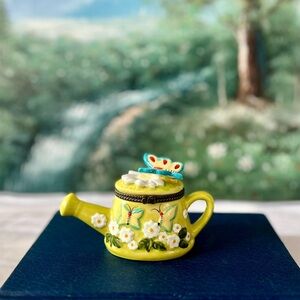 Watering Can Porcelain Green Trinket Box With Flowers and Butterflies